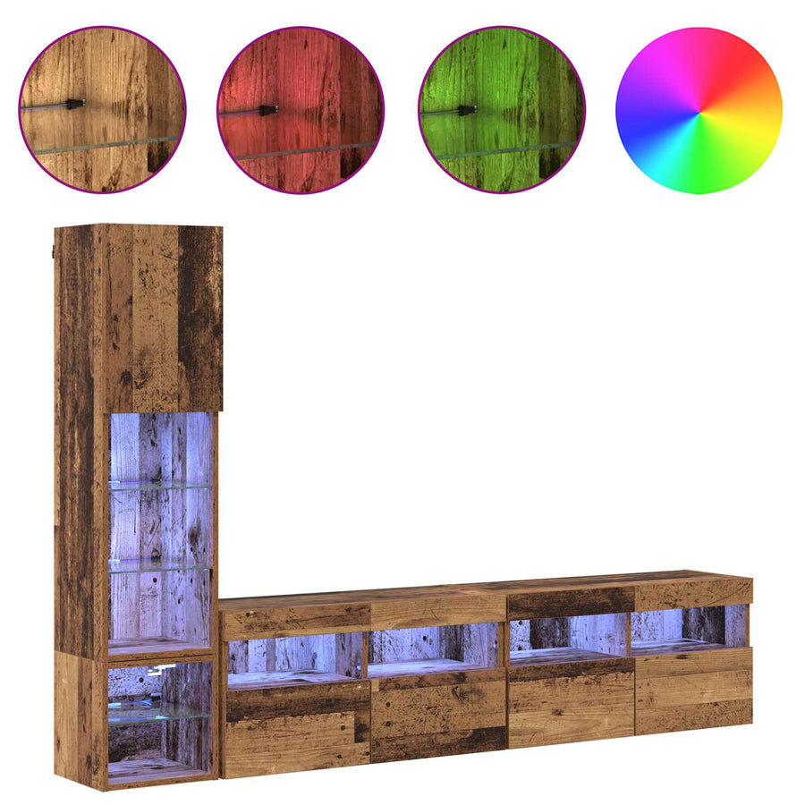 Tv-Wandmeubel Met Led-Striplichten 4 Pcs Oudhout Bewerkt Hout