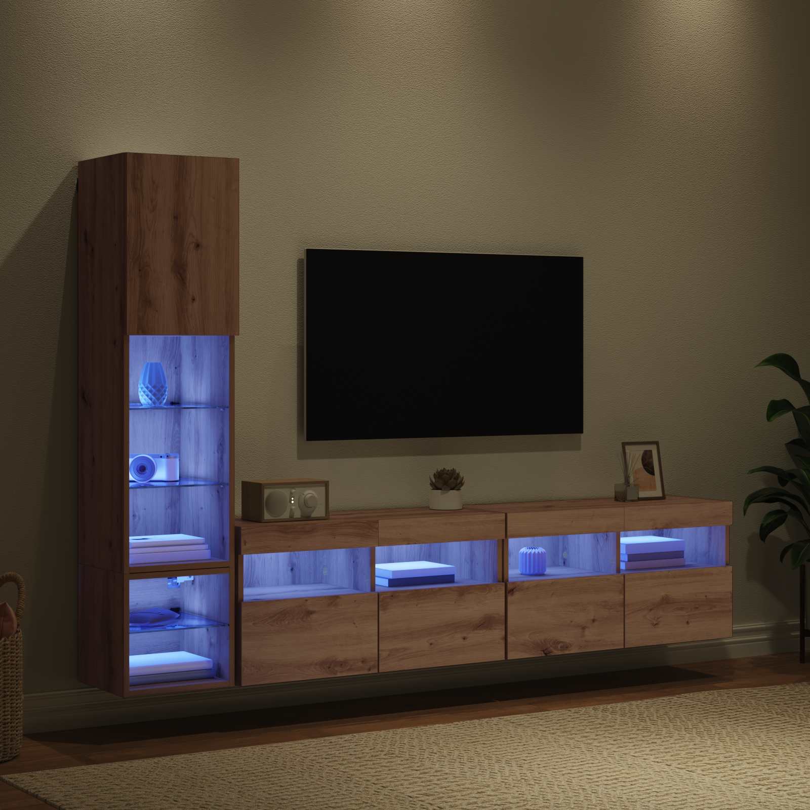 Tv-Wandmeubel Met Led-Striplichten 4 Pcs Artisan Eiken Bewerkt Hout