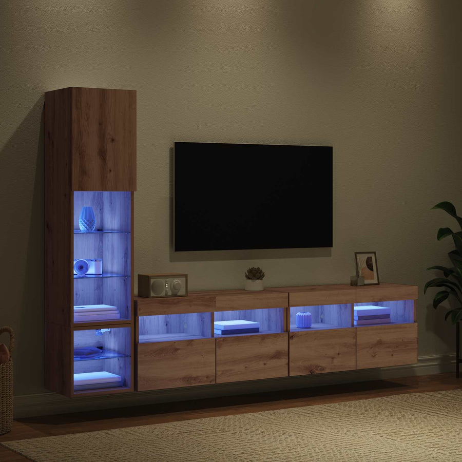 Tv-Wandmeubel Met Led-Striplichten 4 Pcs Artisan Eiken Bewerkt Hout