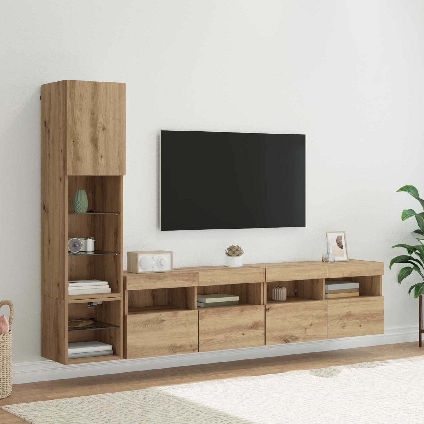Tv-Wandmeubel Met Led-Striplichten 4 Pcs Artisan Eiken Bewerkt Hout