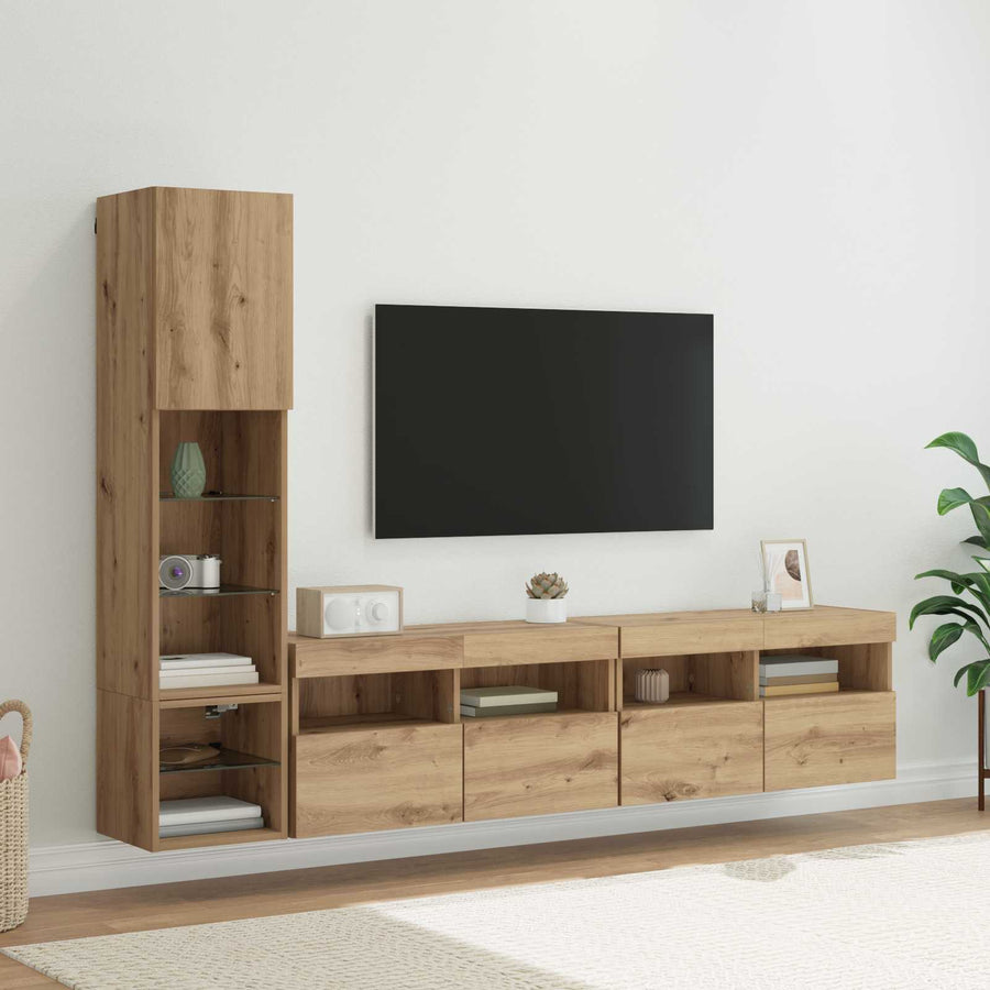 Tv-Wandmeubel Met Led-Striplichten 4 Pcs Artisan Eiken Bewerkt Hout