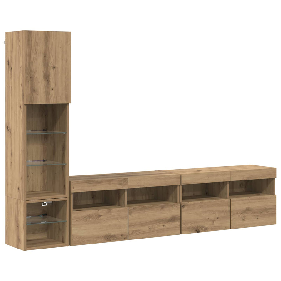 Tv-Wandmeubel Met Led-Striplichten 4 Pcs Artisan Eiken Bewerkt Hout