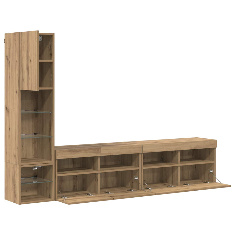 Tv-Wandmeubel Met Led-Striplichten 4 Pcs Artisan Eiken Bewerkt Hout