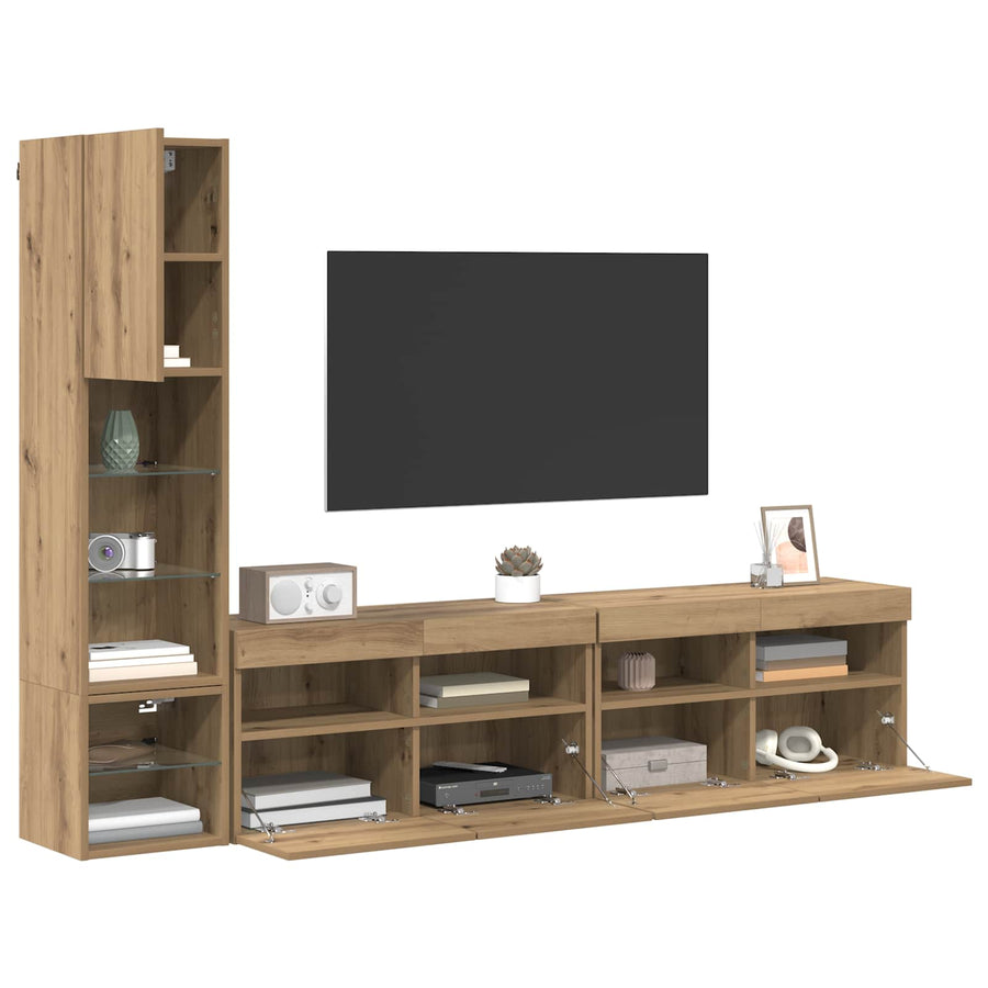 Tv-Wandmeubel Met Led-Striplichten 4 Pcs Artisan Eiken Bewerkt Hout