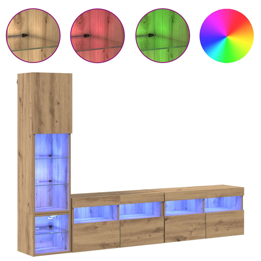 Tv-Wandmeubel Met Led-Striplichten 4 Pcs Artisan Eiken Bewerkt Hout