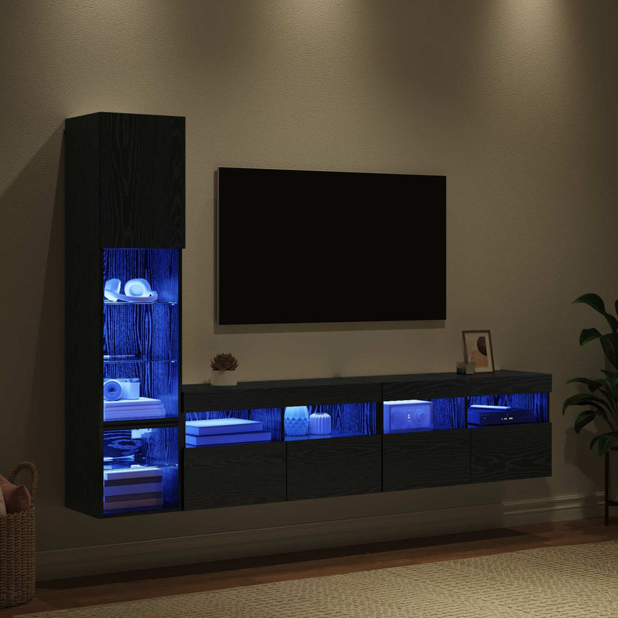 Tv-Wandmeubel Met Led-Striplichten 4 Pcs Zwart Eiken Bewerkt Hout