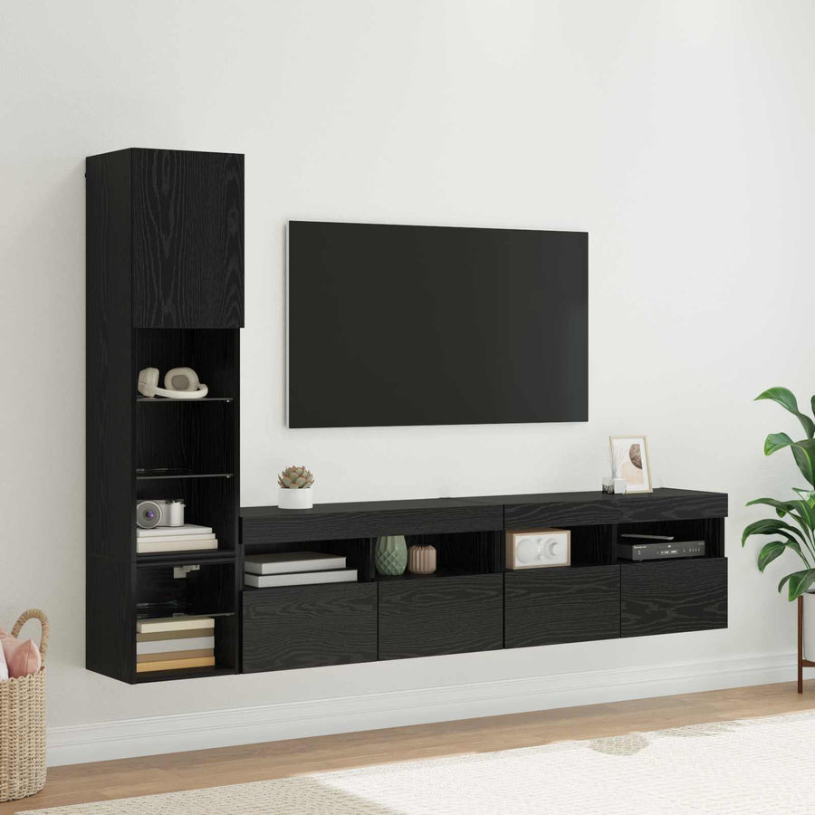 Tv-Wandmeubel Met Led-Striplichten 4 Pcs Zwart Eiken Bewerkt Hout