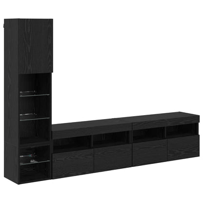 Tv-Wandmeubel Met Led-Striplichten 4 Pcs Zwart Eiken Bewerkt Hout