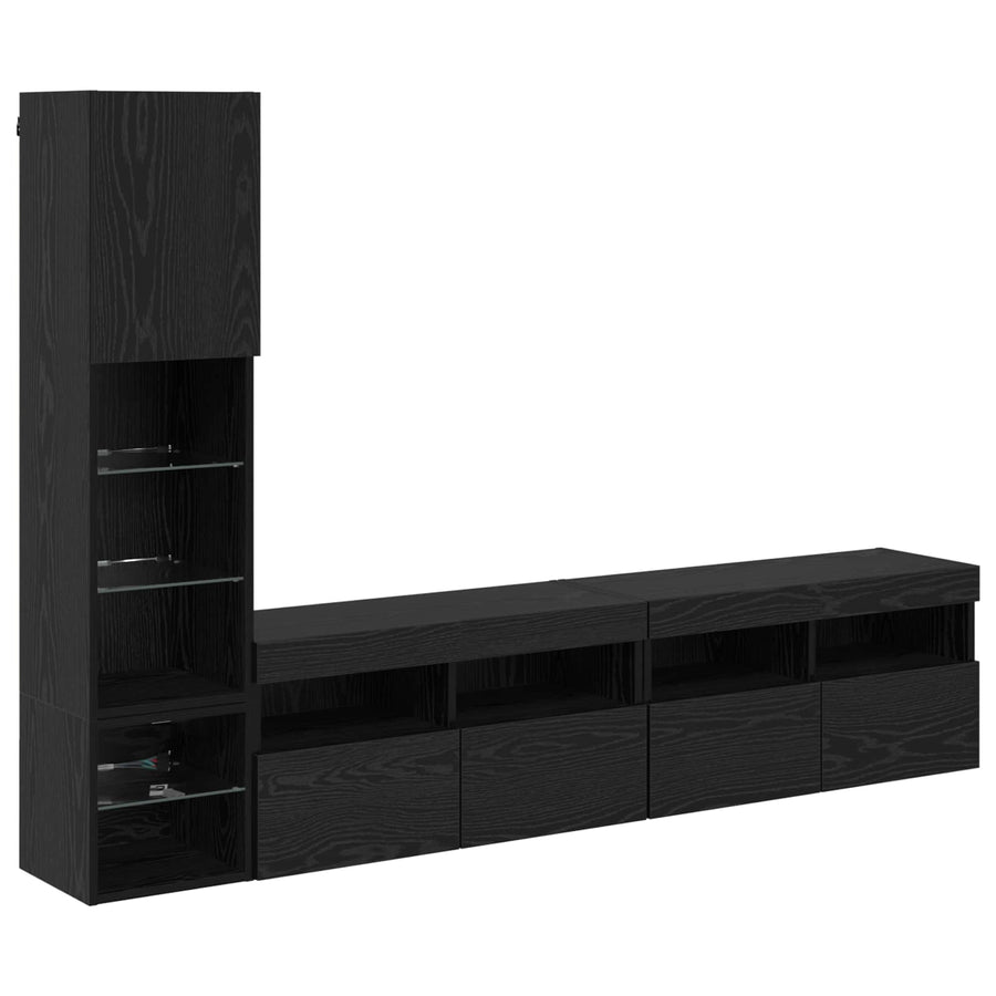 Tv-Wandmeubel Met Led-Striplichten 4 Pcs Zwart Eiken Bewerkt Hout