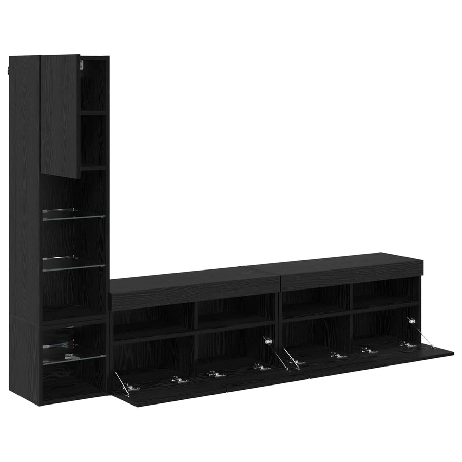 Tv-Wandmeubel Met Led-Striplichten 4 Pcs Zwart Eiken Bewerkt Hout