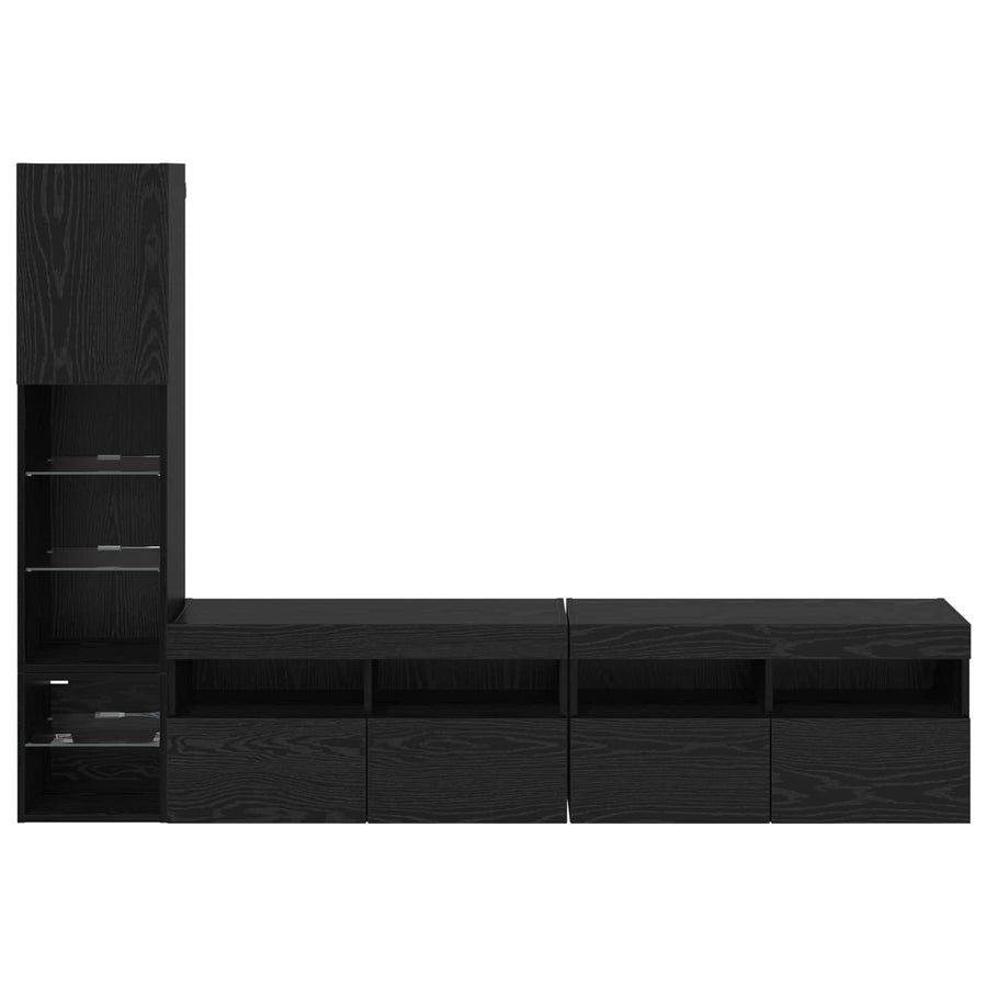Tv-Wandmeubel Met Led-Striplichten 4 Pcs Zwart Eiken Bewerkt Hout