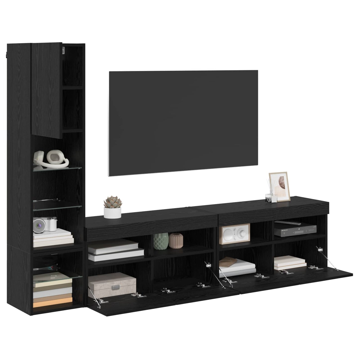 Tv-Wandmeubel Met Led-Striplichten 4 Pcs Zwart Eiken Bewerkt Hout