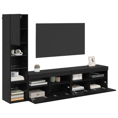 Tv-Wandmeubel Met Led-Striplichten 4 Pcs Zwart Eiken Bewerkt Hout