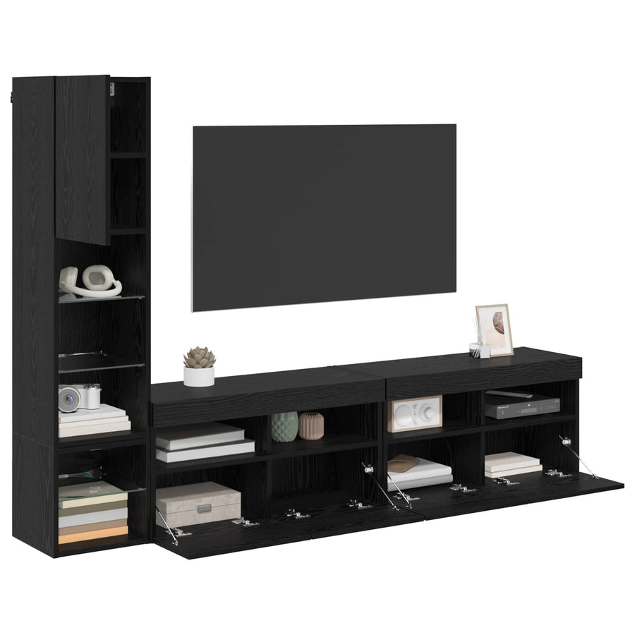 Tv-Wandmeubel Met Led-Striplichten 4 Pcs Zwart Eiken Bewerkt Hout