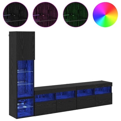 Tv-Wandmeubel Met Led-Striplichten 4 Pcs Zwart Eiken Bewerkt Hout