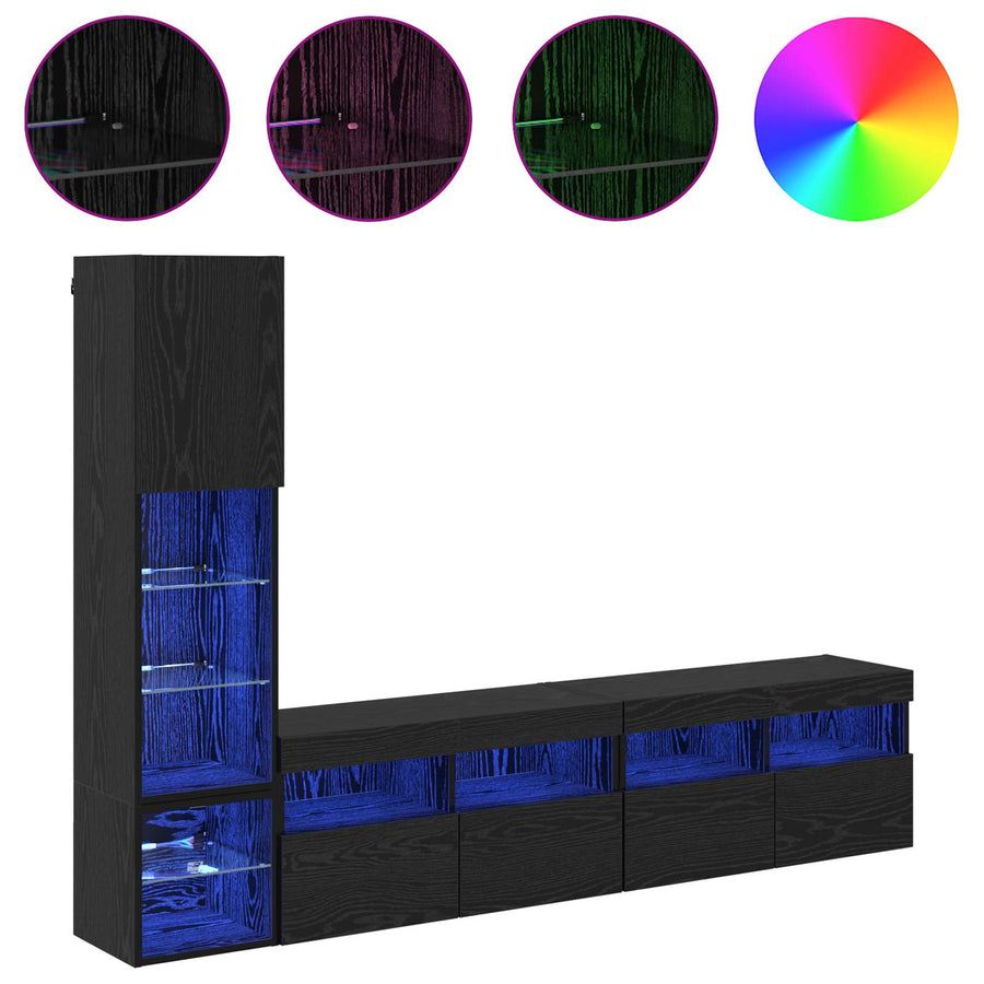 Tv-Wandmeubel Met Led-Striplichten 4 Pcs Zwart Eiken Bewerkt Hout