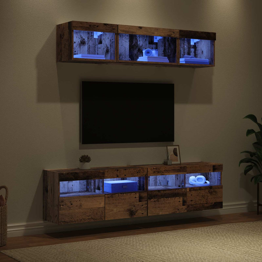 Tv Wand Eenheden Met Led 5 Stuks Oud Hout 80 X 30 X 40 Cm Bewerkt Hout