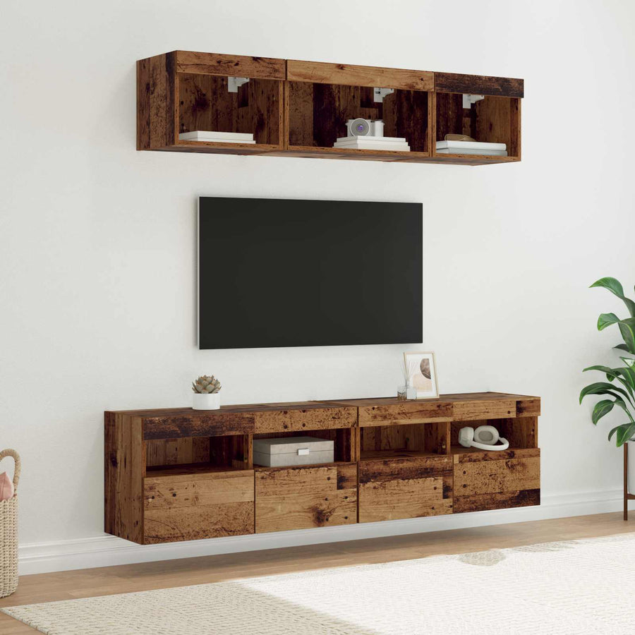 Tv Wand Eenheden Met Led 5 Stuks Oud Hout 80 X 30 X 40 Cm Bewerkt Hout