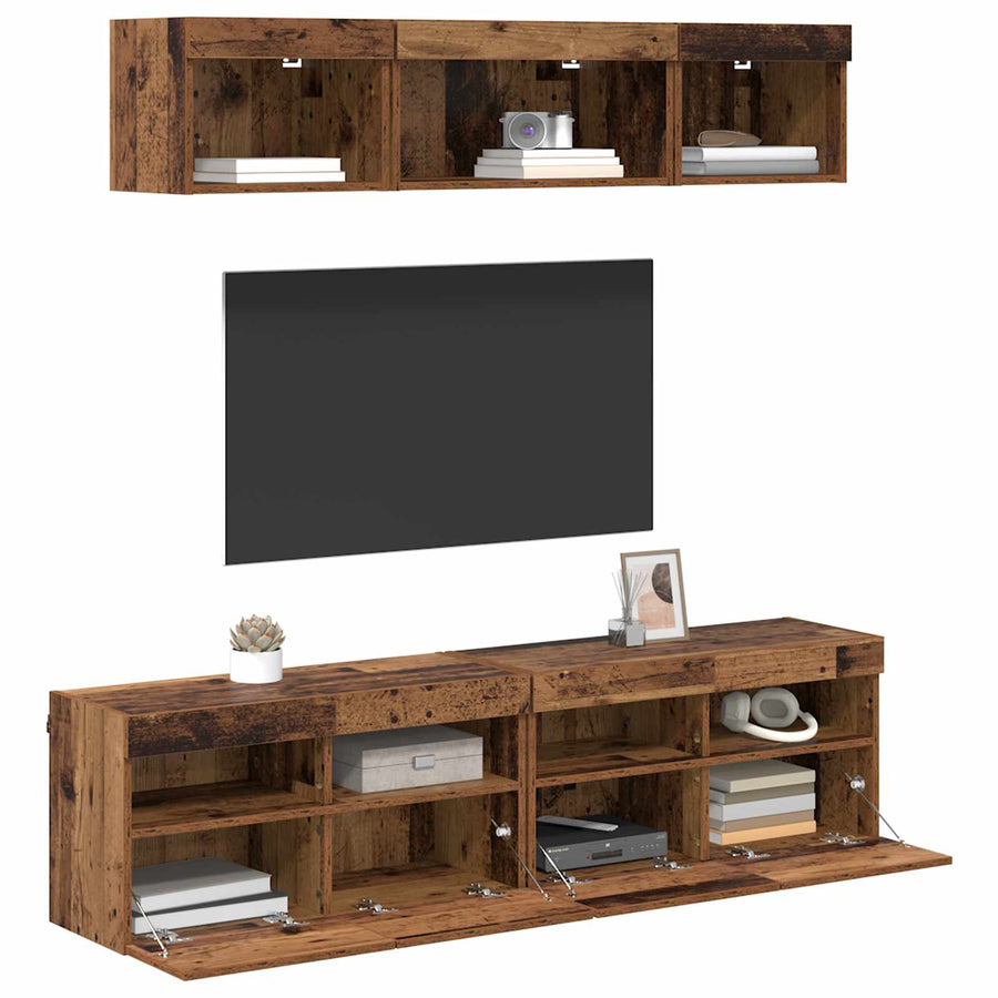 Tv Wand Eenheden Met Led 5 Stuks Oud Hout 80 X 30 X 40 Cm Bewerkt Hout