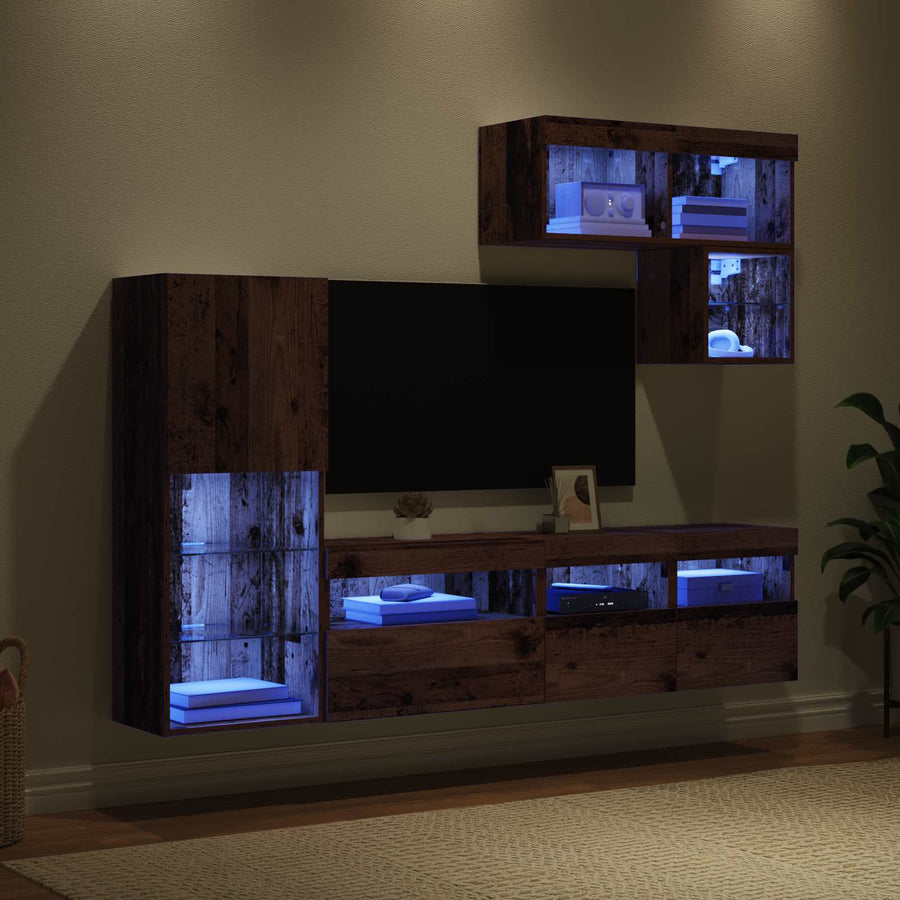Tv Wandmeubels Met Led-Striplichten 6 Pcs Oudhout Bewerkt Hout