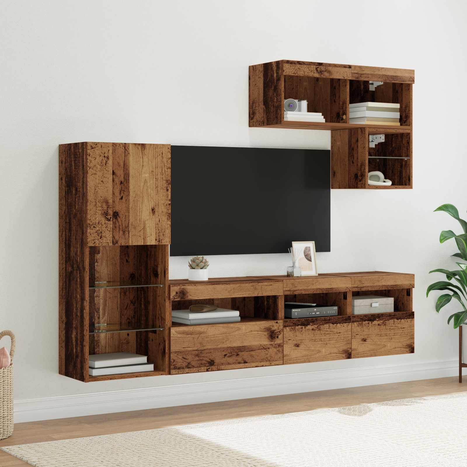 Tv Wandmeubels Met Led-Striplichten 6 Pcs Oudhout Bewerkt Hout