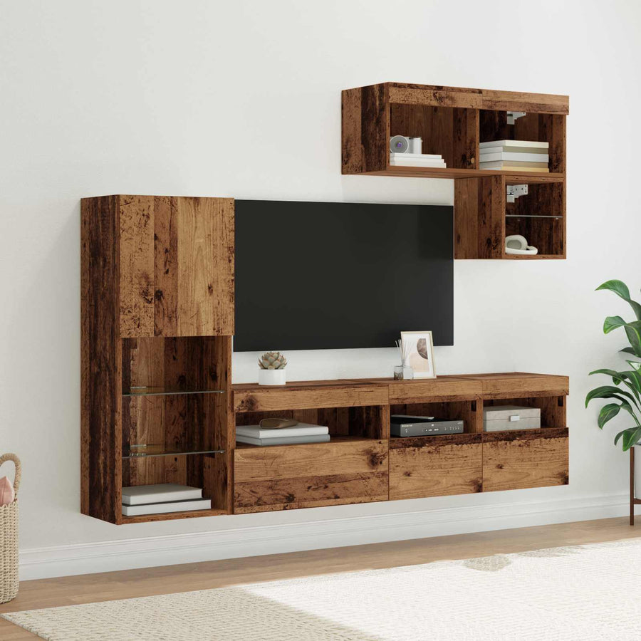 Tv Wandmeubels Met Led-Striplichten 6 Pcs Oudhout Bewerkt Hout