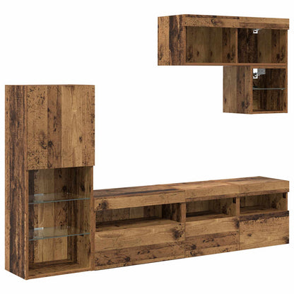 Tv Wandmeubels Met Led-Striplichten 6 Pcs Oudhout Bewerkt Hout