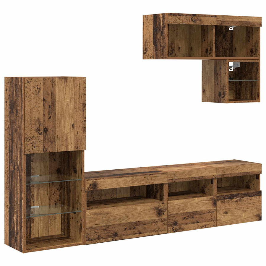 Tv Wandmeubels Met Led-Striplichten 6 Pcs Oudhout Bewerkt Hout
