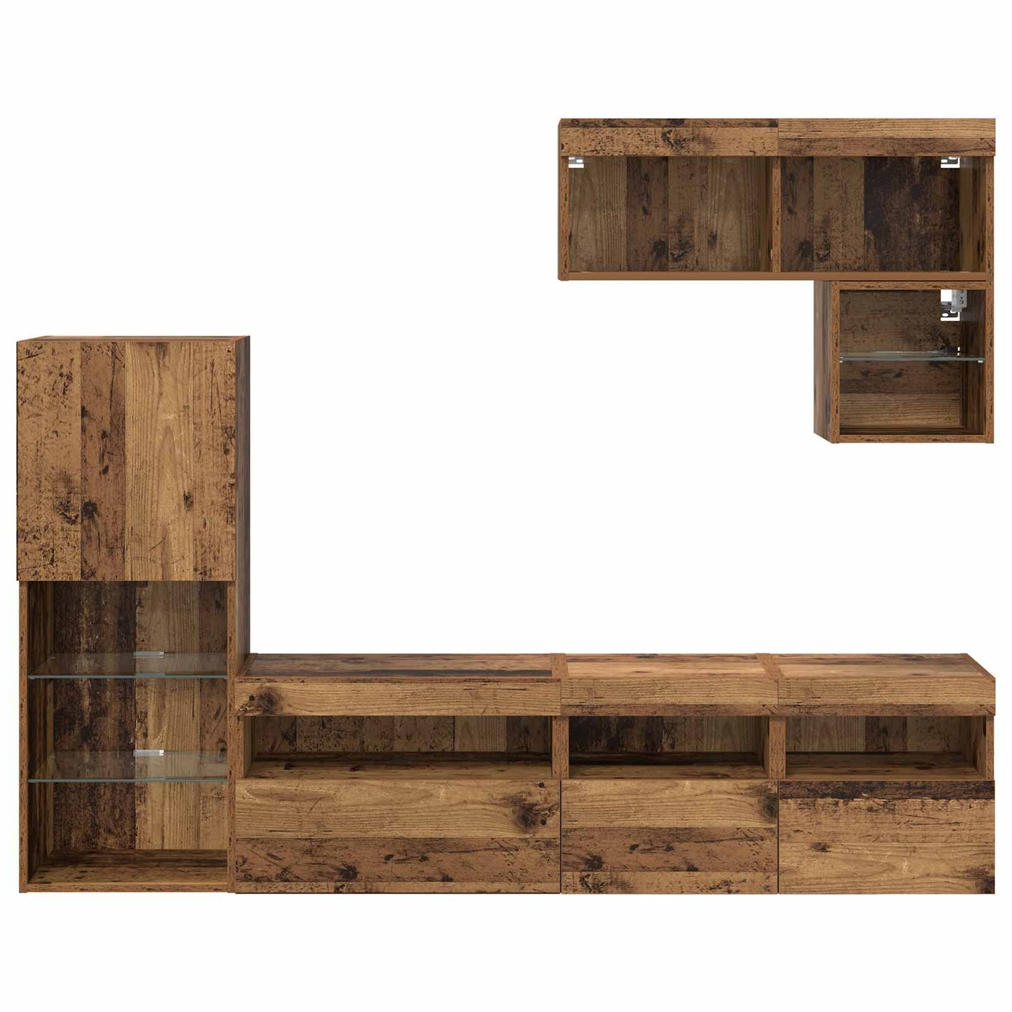 Tv Wandmeubels Met Led-Striplichten 6 Pcs Oudhout Bewerkt Hout