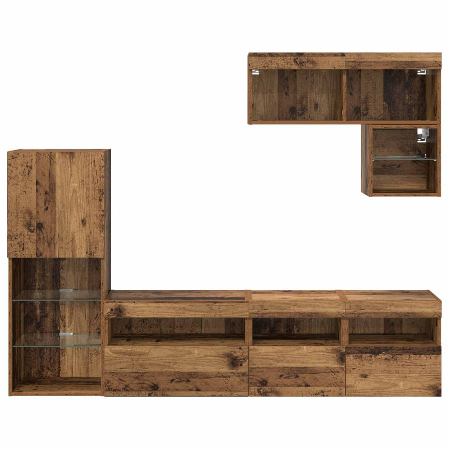 Tv Wandmeubels Met Led-Striplichten 6 Pcs Oudhout Bewerkt Hout