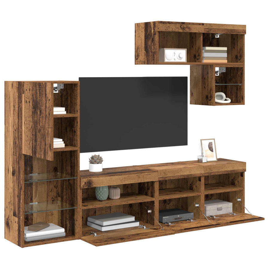 Tv Wandmeubels Met Led-Striplichten 6 Pcs Oudhout Bewerkt Hout