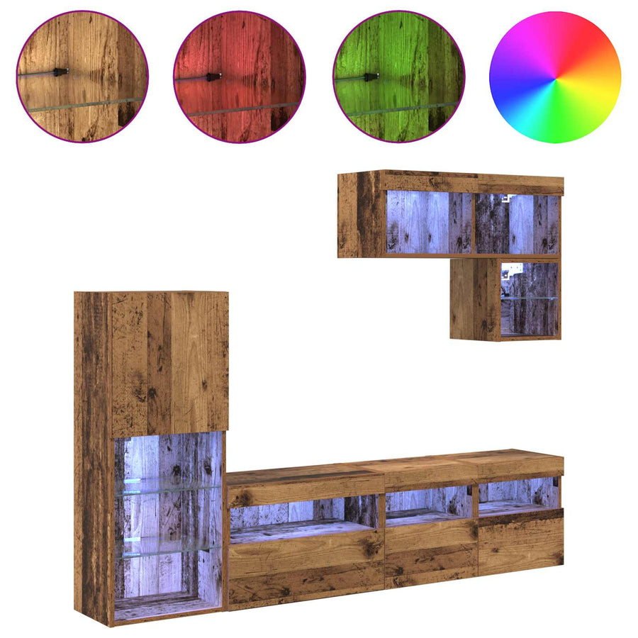 Tv Wandmeubels Met Led-Striplichten 6 Pcs Oudhout Bewerkt Hout