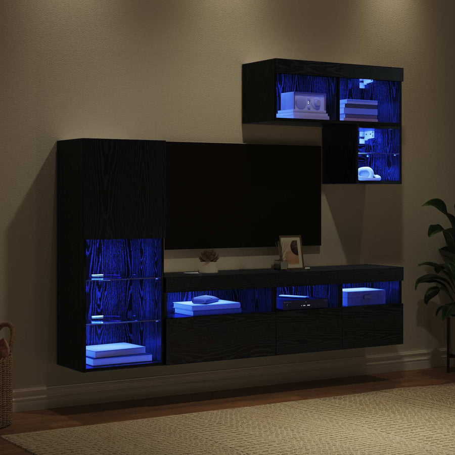 Tv Wandmeubels Wandgemonteerd 6 Pcs Zwart Eiken Bewerkt Hout