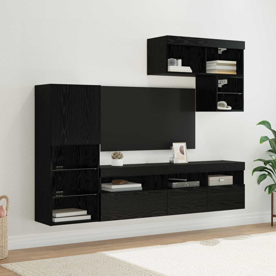 Tv Wandmeubels Wandgemonteerd 6 Pcs Zwart Eiken Bewerkt Hout