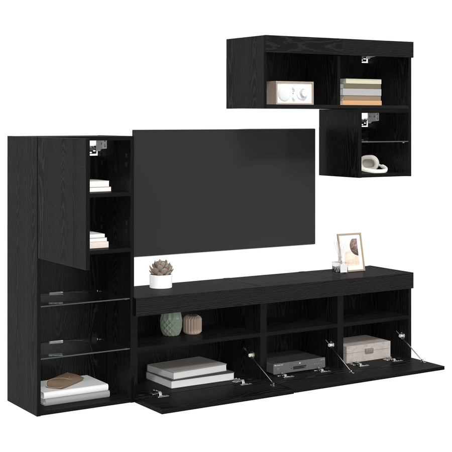 Tv Wandmeubels Wandgemonteerd 6 Pcs Zwart Eiken Bewerkt Hout