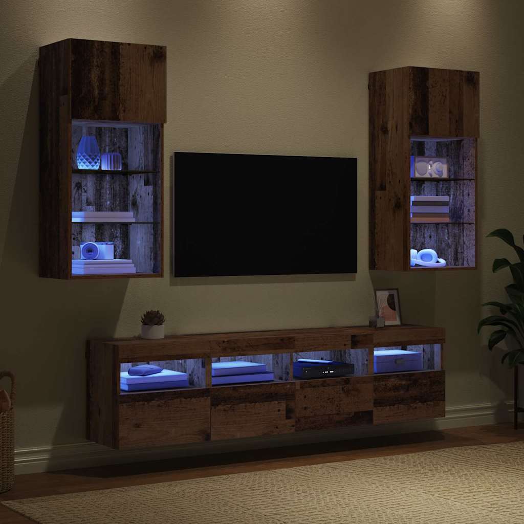 Tv Wand Eenheden Met Led 5 Pcs Oud Hout 40,5 X 30 X 90 Cm
