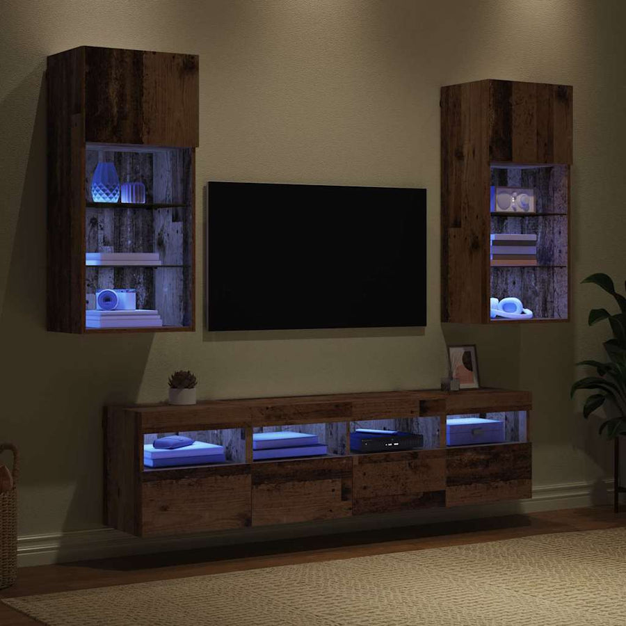 Tv Wand Eenheden Met Led 5 Pcs Oud Hout 40,5 X 30 X 90 Cm