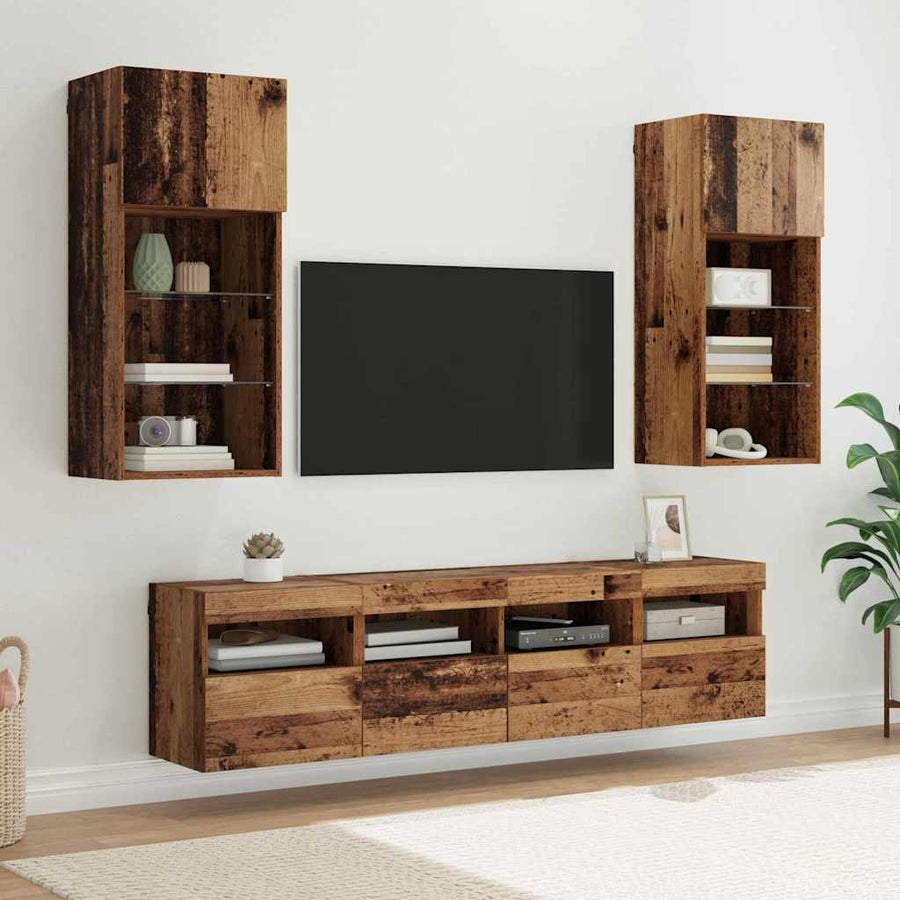 Tv Wand Eenheden Met Led 5 Pcs Oud Hout 40,5 X 30 X 90 Cm
