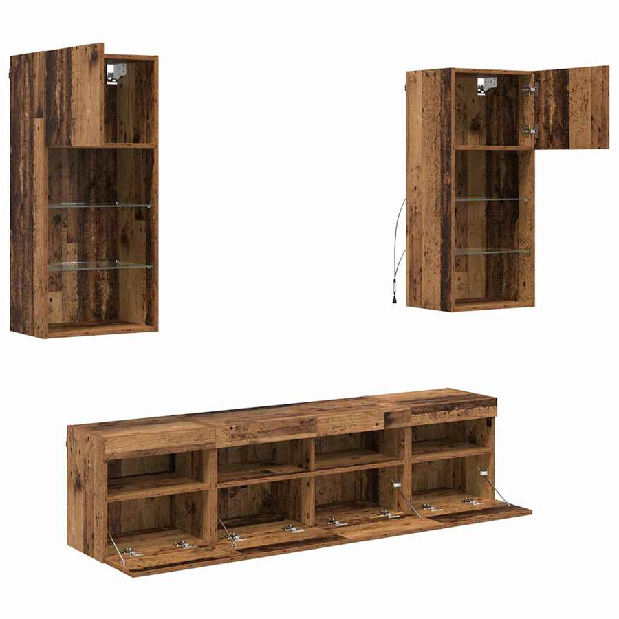 Tv Wand Eenheden Met Led 5 Pcs Oud Hout 40,5 X 30 X 90 Cm