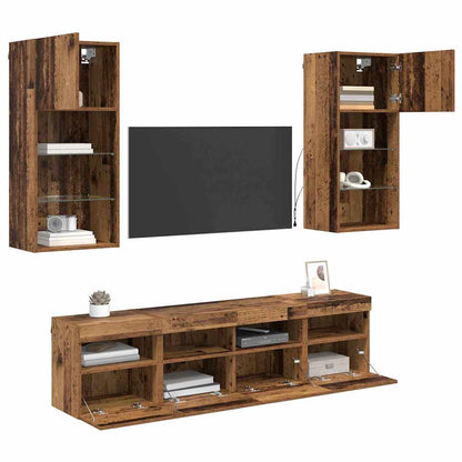 Tv Wand Eenheden Met Led 5 Pcs Oud Hout 40,5 X 30 X 90 Cm