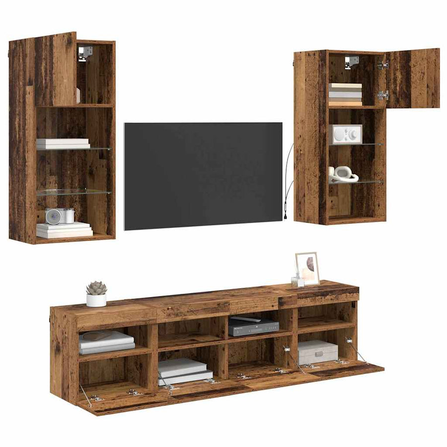 Tv Wand Eenheden Met Led 5 Pcs Oud Hout 40,5 X 30 X 90 Cm