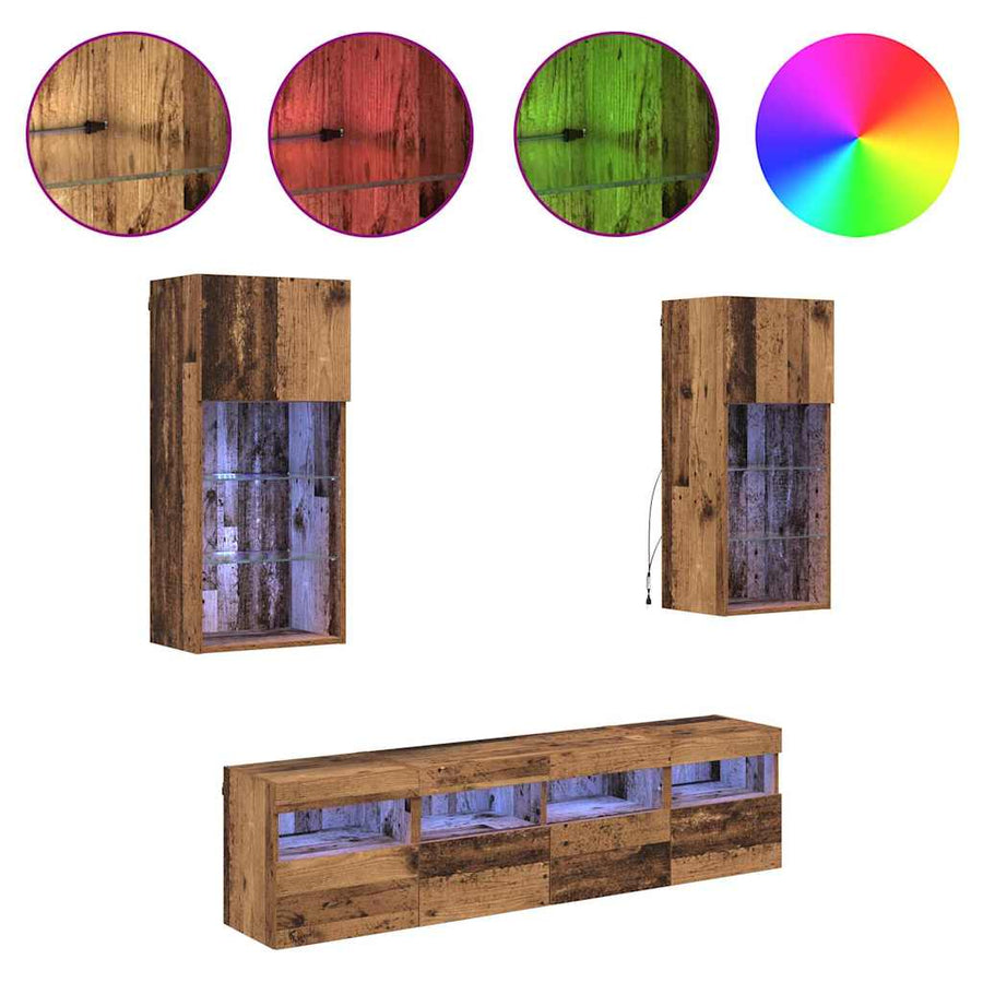 Tv Wand Eenheden Met Led 5 Pcs Oud Hout 40,5 X 30 X 90 Cm