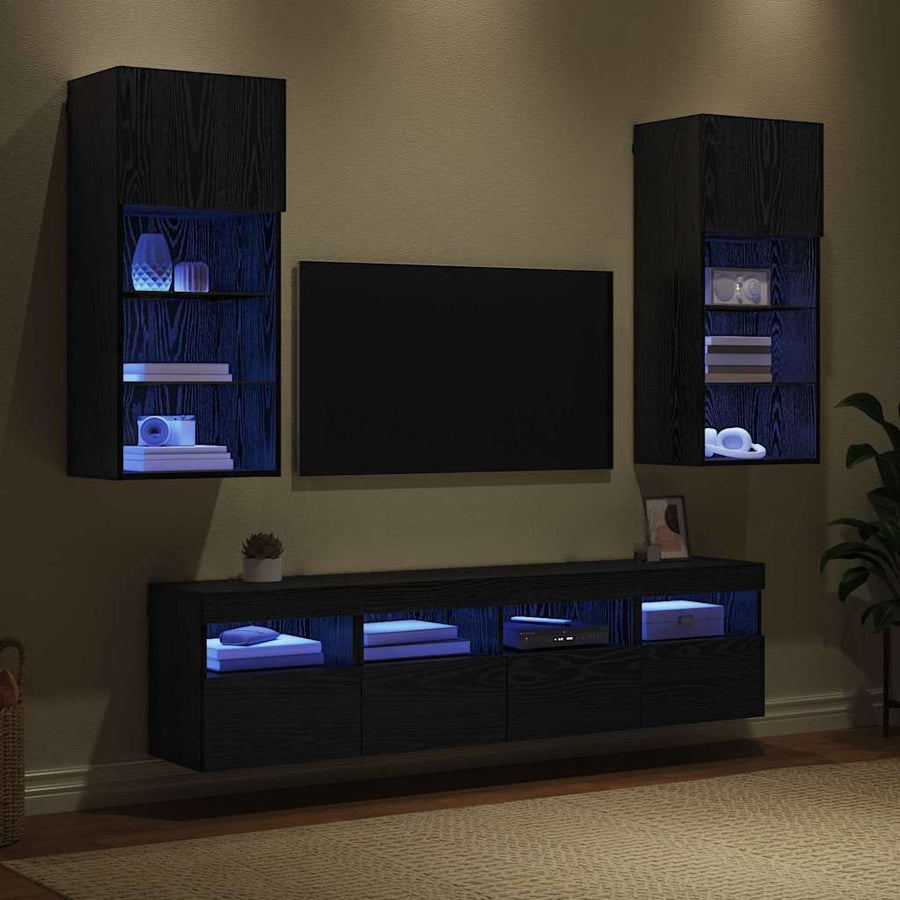 Tv Wand Eenheden Met Led 5 Pcs Zwart Eiken 40,5 X 30 X 90 Cm