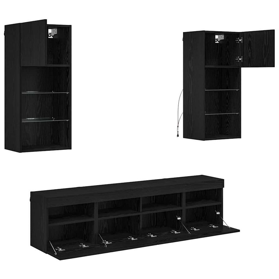 Tv Wand Eenheden Met Led 5 Pcs Zwart Eiken 40,5 X 30 X 90 Cm