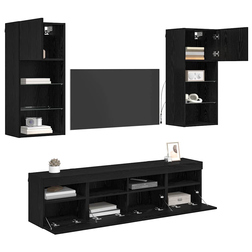 Tv Wand Eenheden Met Led 5 Pcs Zwart Eiken 40,5 X 30 X 90 Cm