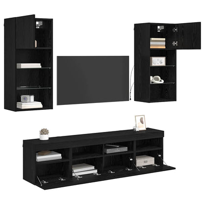 Tv Wand Eenheden Met Led 5 Pcs Zwart Eiken 40,5 X 30 X 90 Cm