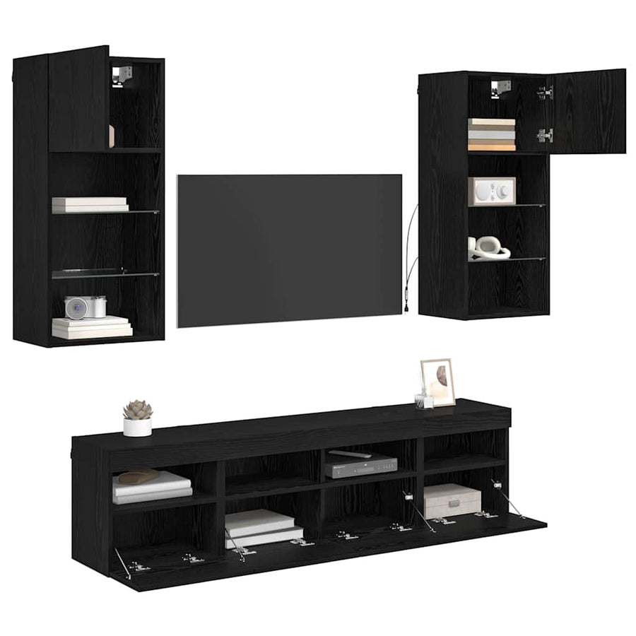 Tv Wand Eenheden Met Led 5 Pcs Zwart Eiken 40,5 X 30 X 90 Cm