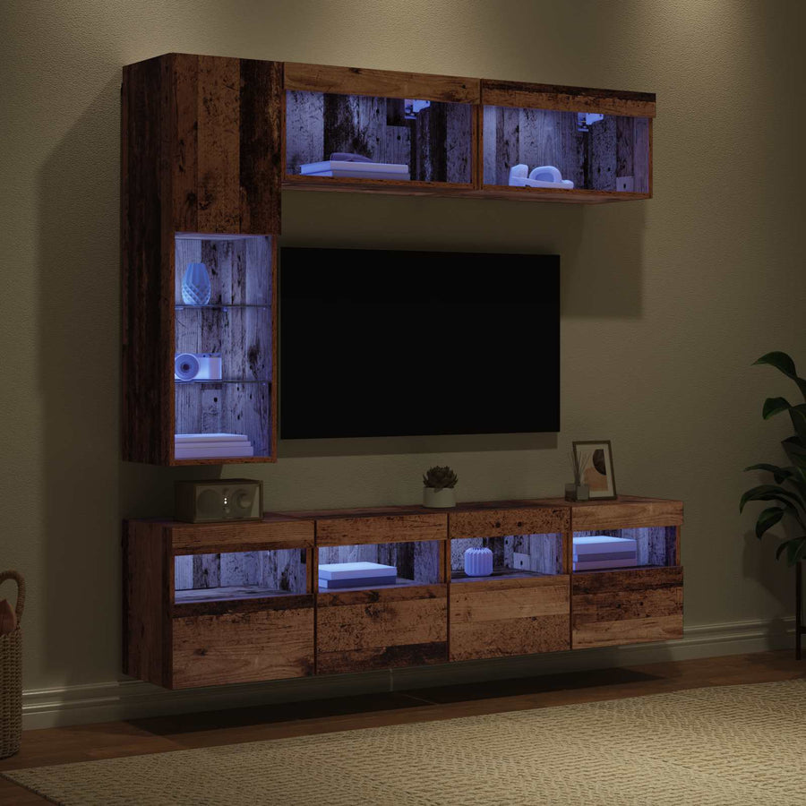 Tv-Kast Met Led-Striplichten 7 Pcs Oud Hout Bewerkt Hout