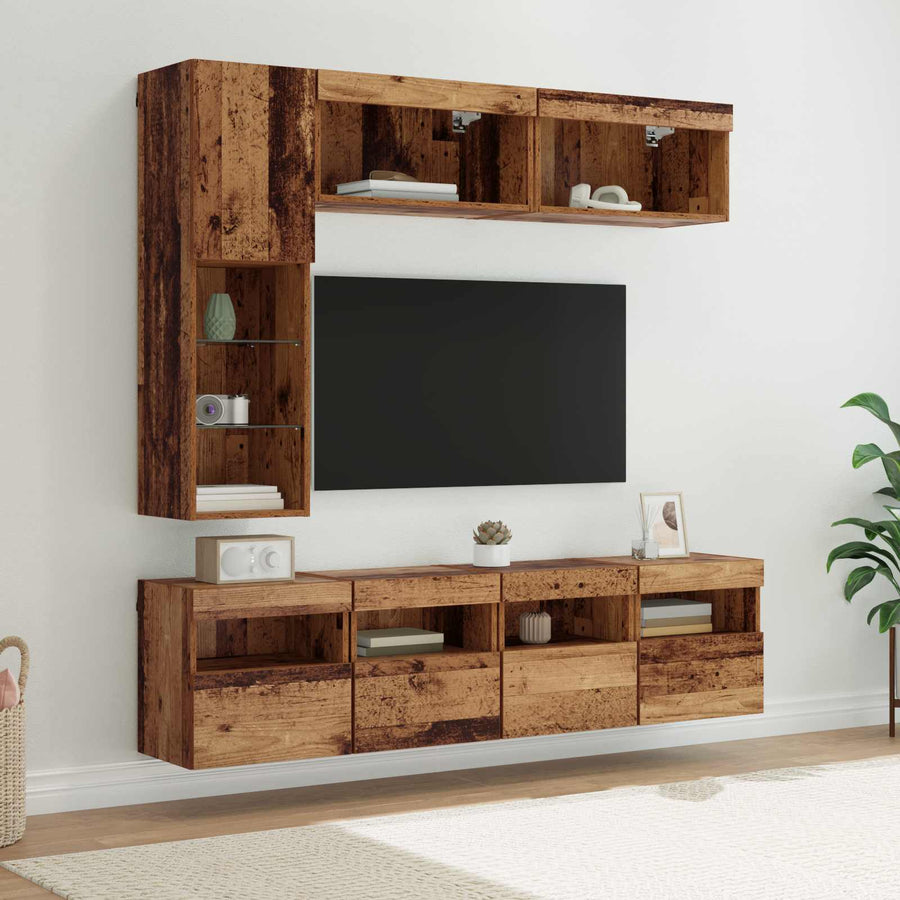 Tv-Kast Met Led-Striplichten 7 Pcs Oud Hout Bewerkt Hout