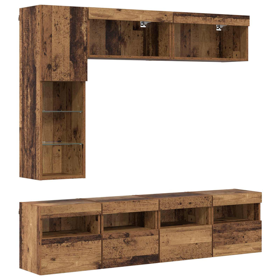 Tv-Kast Met Led-Striplichten 7 Pcs Oud Hout Bewerkt Hout